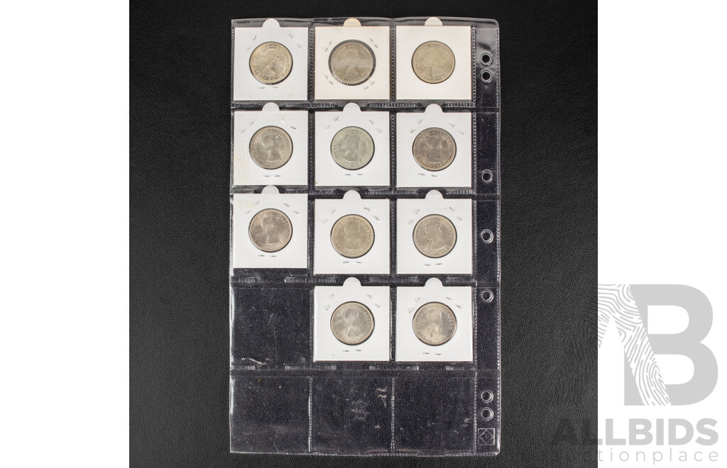 Eleven Australian Silver Florins QE2 set 1953-1963 florins, a/UNC