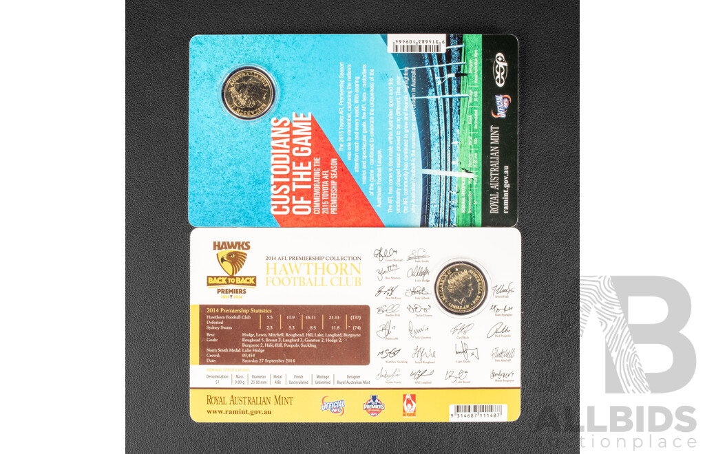 Two Australian One Dollar Coins 2014 and 2015, AFL