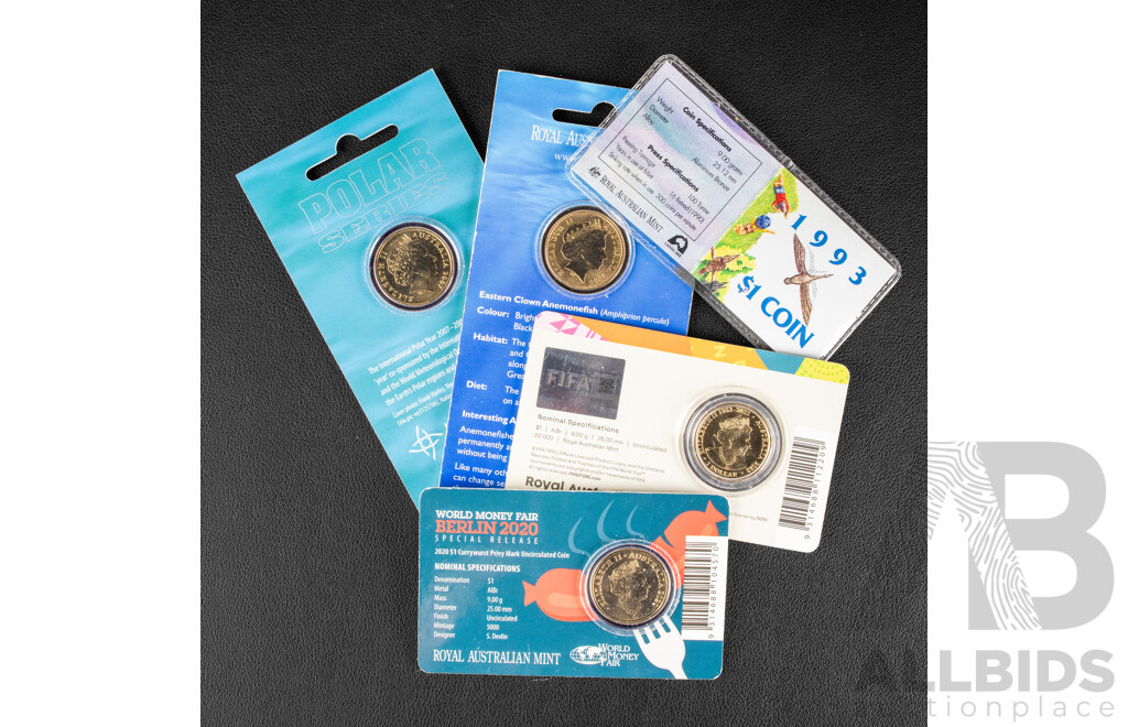 Five Australian Commemorative One Dollar Coins Coins