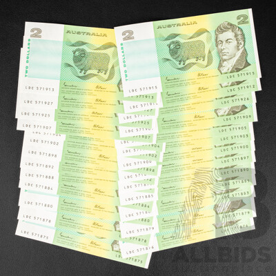 Twenty Six Australian 1984 Two Dollar Notes. Johnston/Fraser, Semi Consecutive LDC 571875/LDC 571927