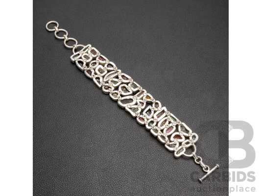 925 Sterling Silver Uncut Tourmaline Panel Style Bracelet, Length - 21.5cms