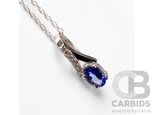 925 Sterling Silver Tanzanite & Diamond Necklace. Length - 45.5cms