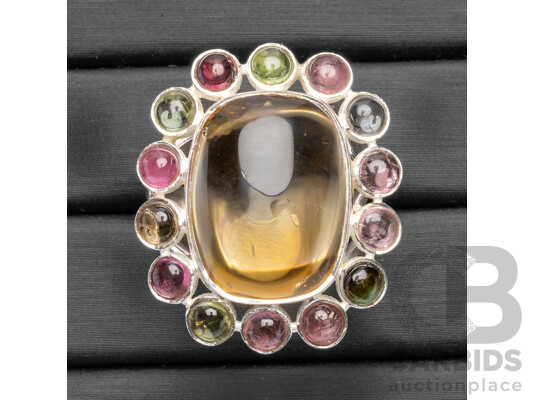 925 Sterling Silver Citrine & Tourmaline Cocktail Ring - Size P