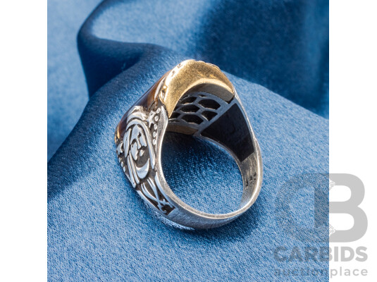 925 Sterling Silver & Bronze Medieval Tigers Eye Signet Ring - Size W
