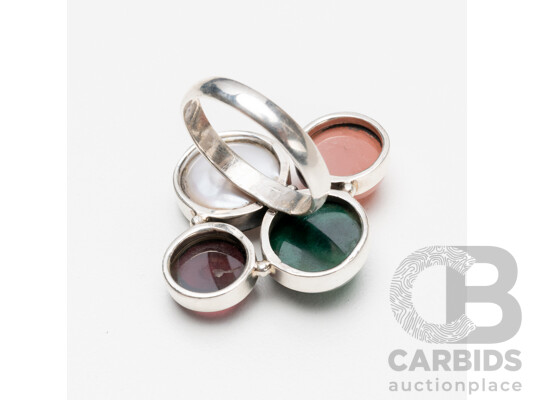 925 Sterling Silver Quad Setting Cluster Ring with Garnet, Pearl, Malachite & Coral - Size R
