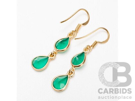 925 Sterling Silver Gold Plated Drop Earrings with Green Onyx - 2.26gms
