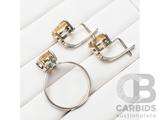 925 Sterling Silver & Citrine Ring & Earrings Set - 5.78gms