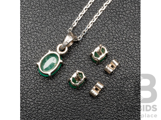 925 Sterling Silver & Emeralds Necklace & Earrings Set - 5.78gms