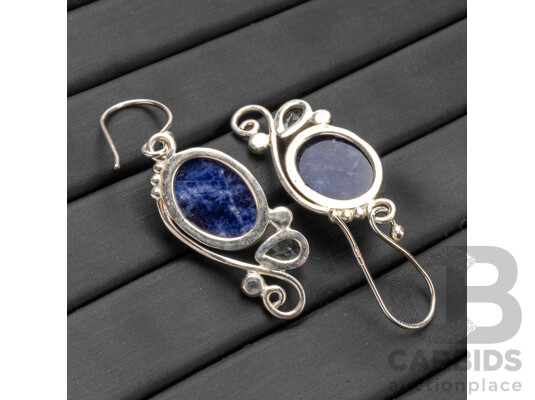 925 Sterling Silver Shepherds Hook Drop Earrings with Lapis Lazuli & Topaz - 5.96gms