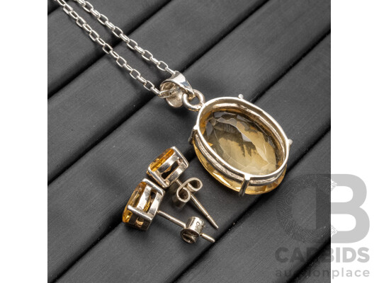 925 Sterling Silver & Citrine Necklace, Pendant & Earrings Set
