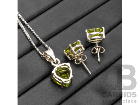 925 Sterling Silver, Peridot & Diamond Necklace, Pendant & Earrings Set