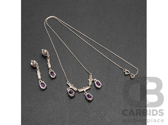 925 Sterling Silver & Amethyst Necklace & Earrings Set