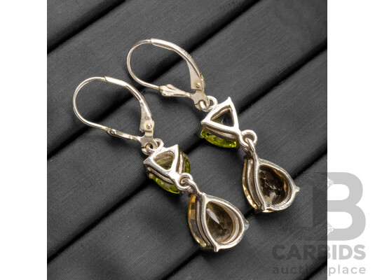 925 Sterling Silver Peridot & Citrine Drop Earrings - 4.26gms