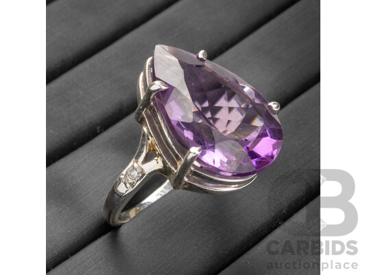925 Sterling Silver Amethyst & Diamond Trilogy Cocktail Ring - Size P.5
