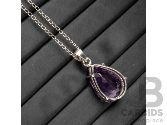 925 Sterling Silver Necklace & Pendant with Amethyst & Diamonds. Length - 46cms