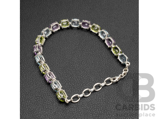 925 Sterling Silver Multi Coloured Gemstone Tennis Bracelet, Length - 20cms