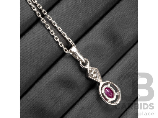 925 Sterling Silver Necklace & Pendant with Ruby & Diamonds. Length - 45.5cms