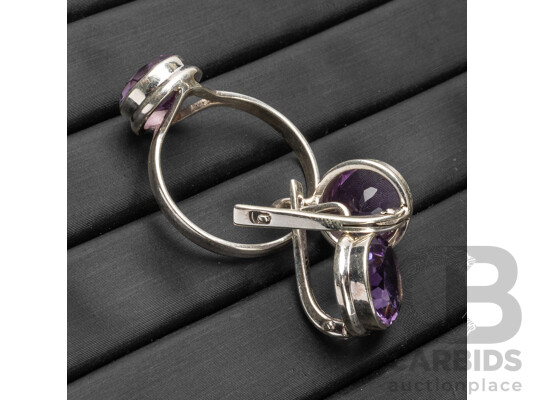 925 Sterling Silver & Amethyst Cocktail Ring & Matching Earrings Set - 7.43gms