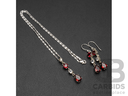 925 Sterling Silver, Garnet & White Topaz Fancy Necklace, Pendant & Earrings Set - 10.62gms