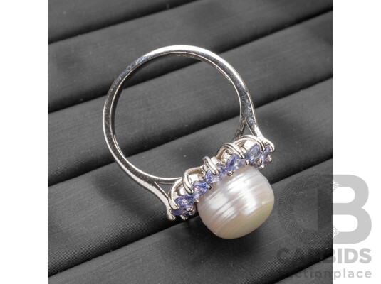 925 Sterling Silver Tanzanites & Pearl Dress Ring - Size N.5