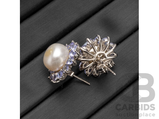 Pair of 925 Sterling Silver Tanzanite & Pearl Stud Earrings