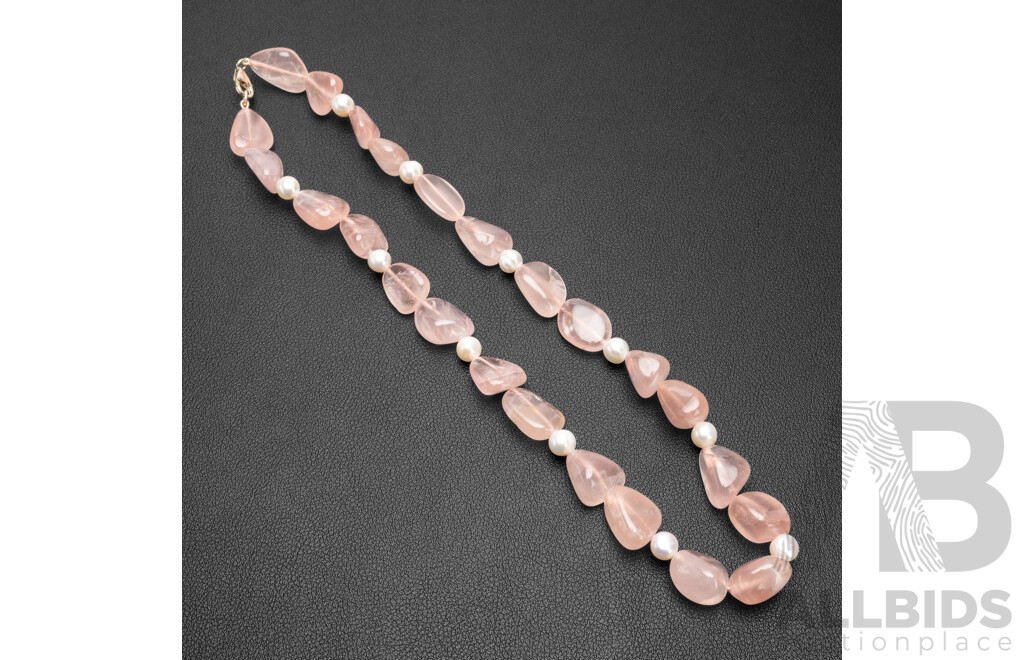 Rose Quartz & Cultured Pearl Necklace. Length - 49cms