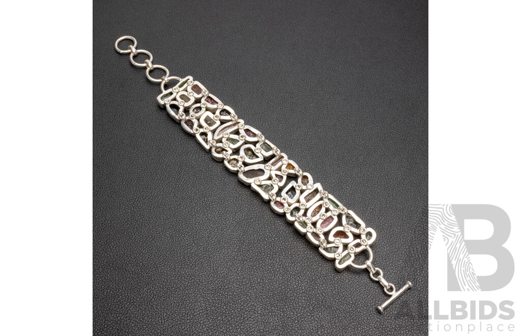 925 Sterling Silver Uncut Tourmaline Panel Style Bracelet, Length - 21.5cms
