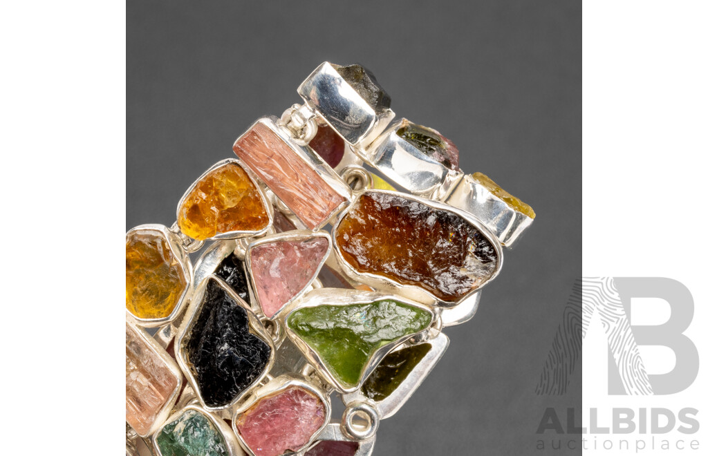 925 Sterling Silver Uncut Tourmaline Panel Style Bracelet, Length - 21.5cms