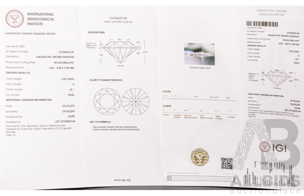 1.05ct Round Brilliant Cut Lab Diamond with Diamond Report
