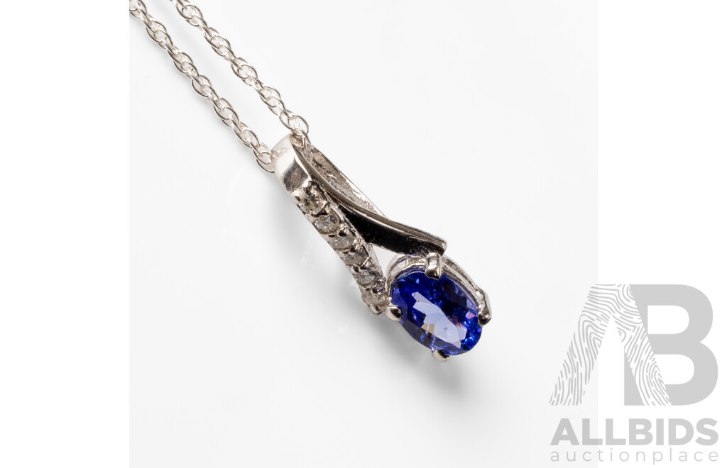 925 Sterling Silver Tanzanite & Diamond Necklace. Length - 45.5cms