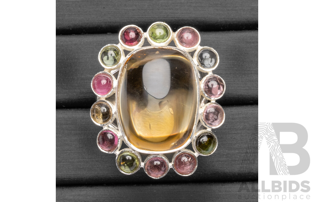 925 Sterling Silver Citrine & Tourmaline Cocktail Ring - Size P