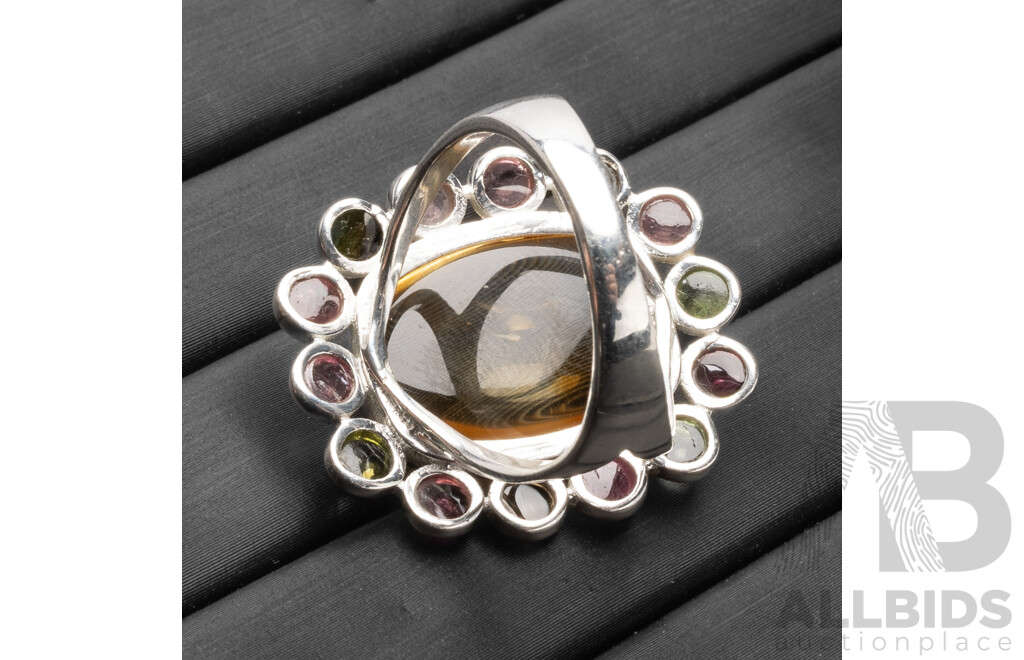 925 Sterling Silver Citrine & Tourmaline Cocktail Ring - Size P