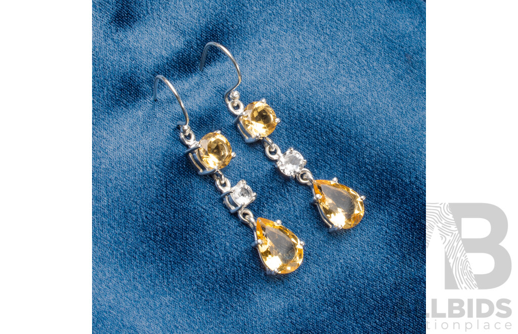 925 Sterling Silver Citrine & Topaz Drop Earrings - 5.78gms