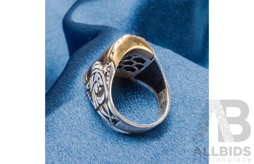 925 Sterling Silver & Bronze Medieval Tigers Eye Signet Ring - Size W