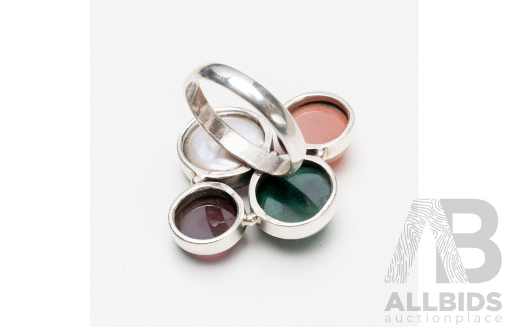 925 Sterling Silver Quad Setting Cluster Ring with Garnet, Pearl, Malachite & Coral - Size R