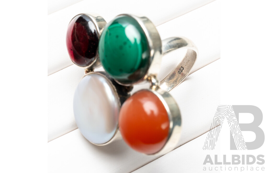 925 Sterling Silver Quad Setting Cluster Ring with Garnet, Pearl, Malachite & Coral - Size R
