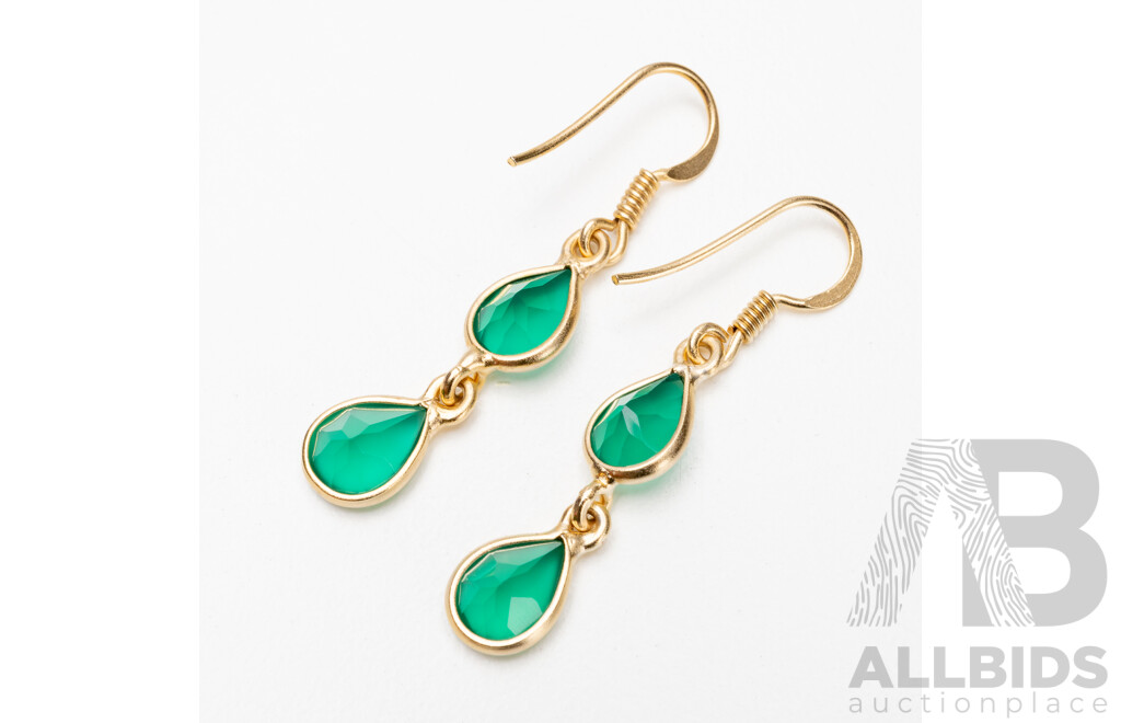 925 Sterling Silver Gold Plated Drop Earrings with Green Onyx - 2.26gms