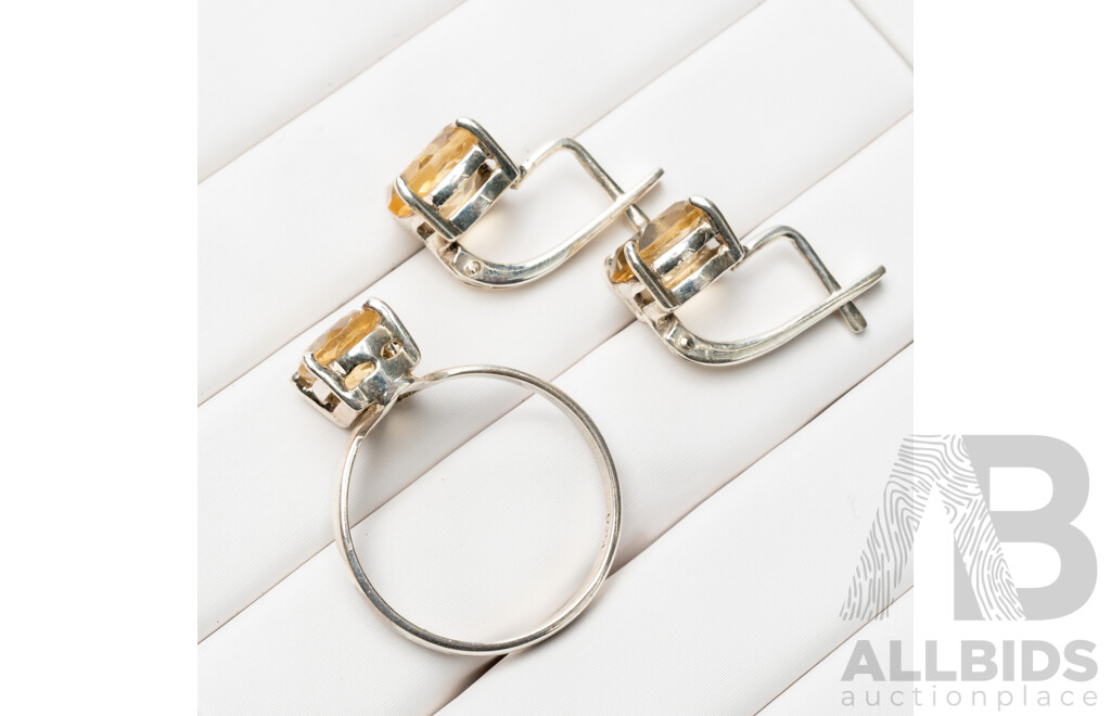 925 Sterling Silver & Citrine Ring & Earrings Set - 5.78gms