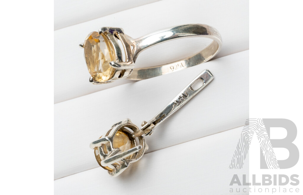 925 Sterling Silver & Citrine Ring & Earrings Set - 5.78gms