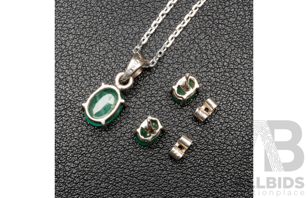 925 Sterling Silver & Emeralds Necklace & Earrings Set - 5.78gms