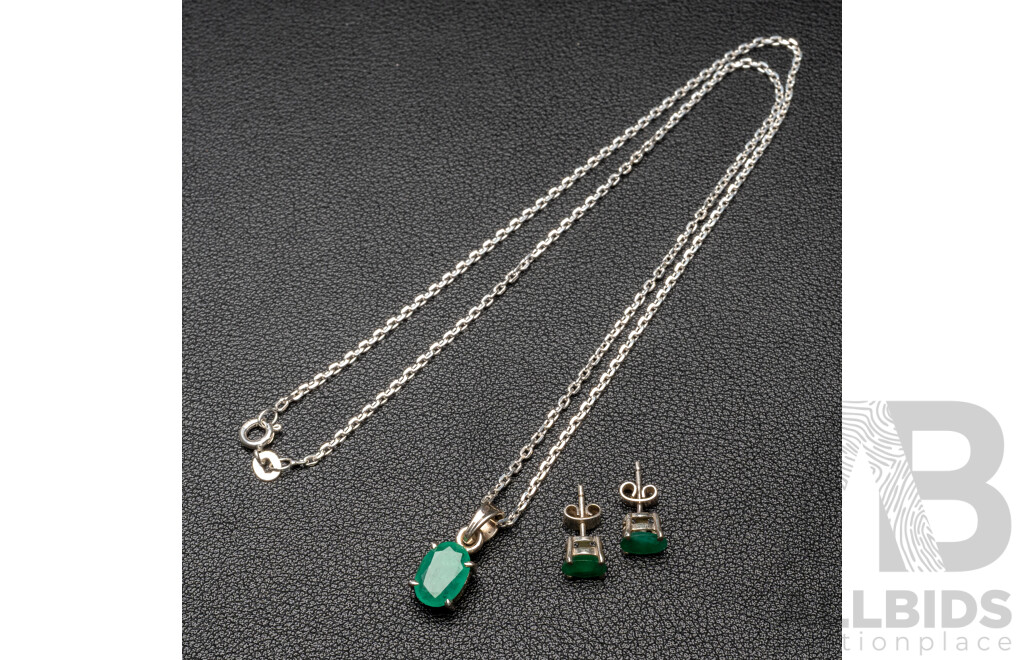 925 Sterling Silver & Emeralds Necklace & Earrings Set - 5.78gms