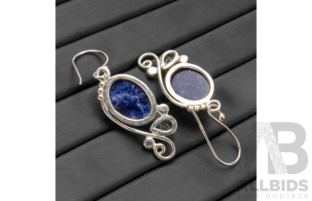 925 Sterling Silver Shepherds Hook Drop Earrings with Lapis Lazuli & Topaz - 5.96gms