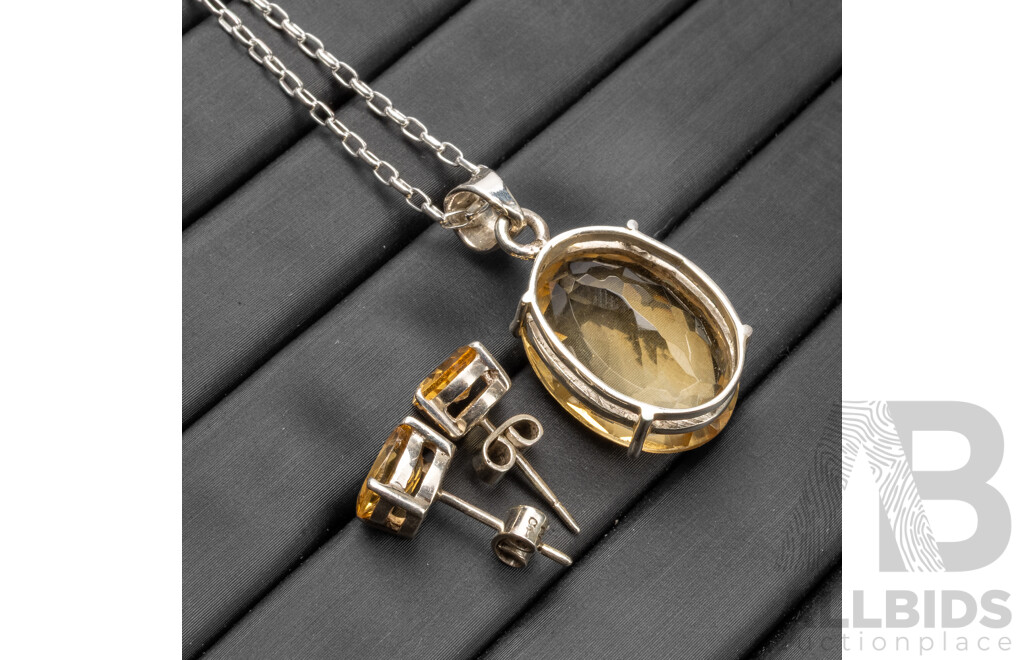 925 Sterling Silver & Citrine Necklace, Pendant & Earrings Set