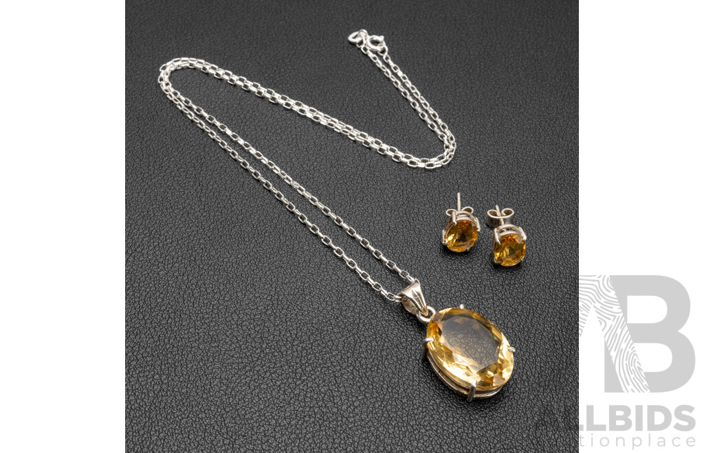 925 Sterling Silver & Citrine Necklace, Pendant & Earrings Set