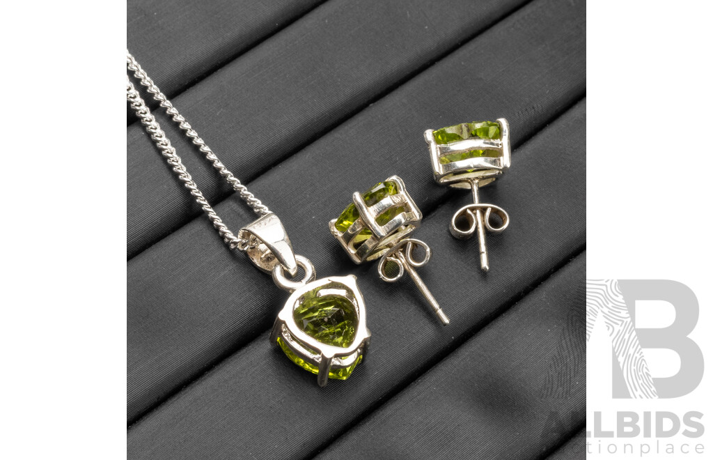 925 Sterling Silver, Peridot & Diamond Necklace, Pendant & Earrings Set