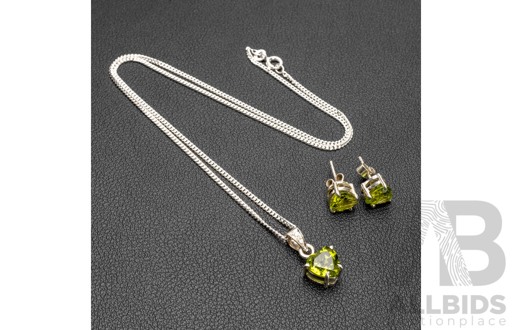 925 Sterling Silver, Peridot & Diamond Necklace, Pendant & Earrings Set