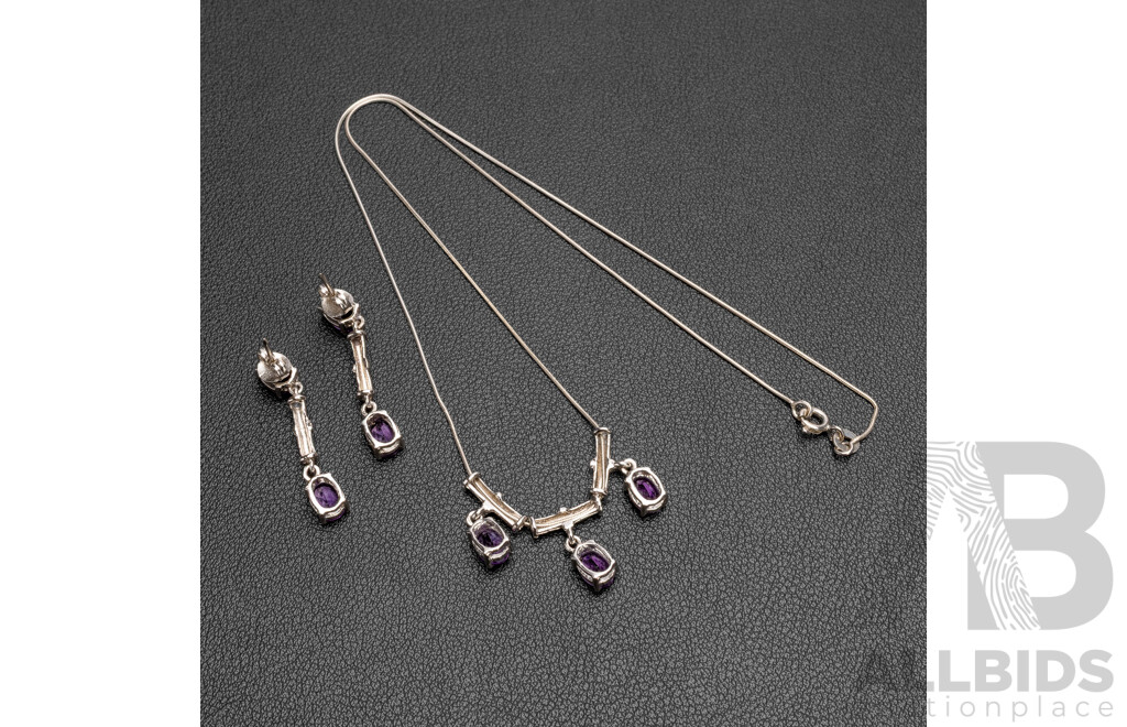 925 Sterling Silver & Amethyst Necklace & Earrings Set