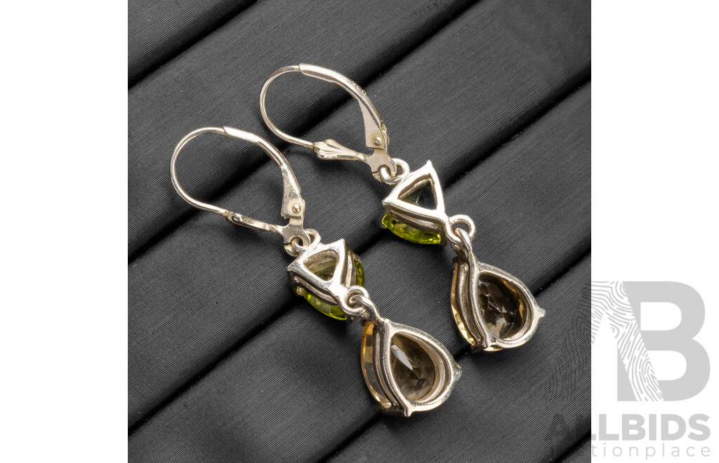 925 Sterling Silver Peridot & Citrine Drop Earrings - 4.26gms