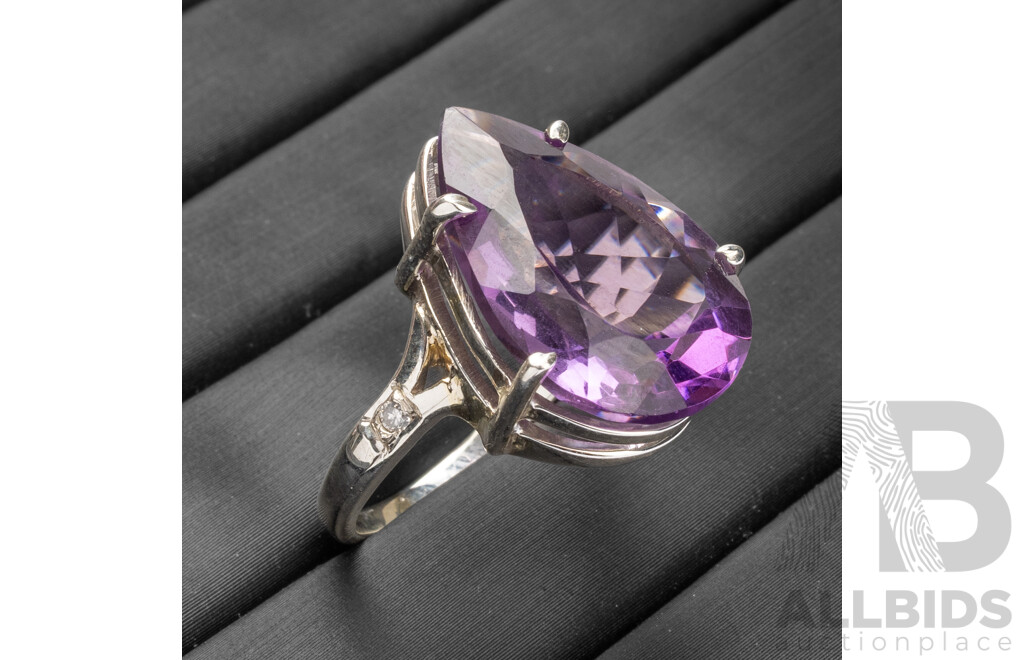 925 Sterling Silver Amethyst & Diamond Trilogy Cocktail Ring - Size P.5