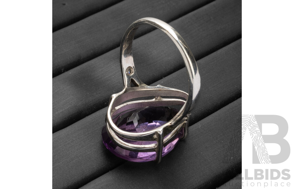 925 Sterling Silver Amethyst & Diamond Trilogy Cocktail Ring - Size P.5